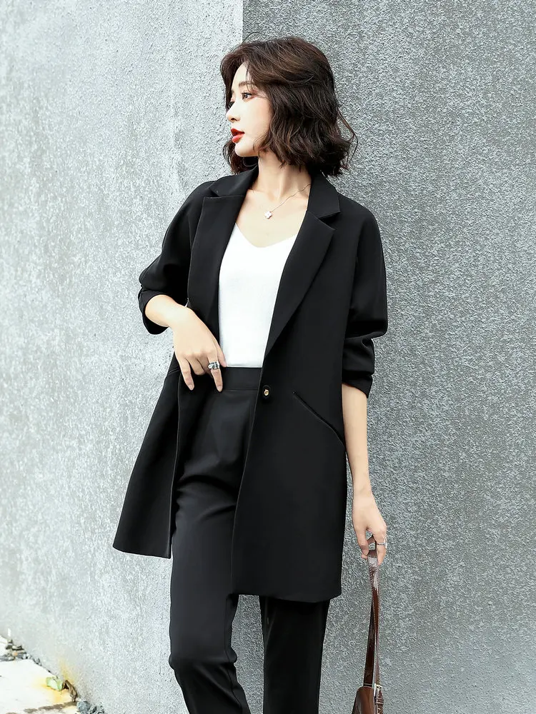 Enlarge Women Black Blazers Smart Casual Notched Collar Single Button Opening Raglan Sleeve Jactet Suit French Style Outfits Office Lady