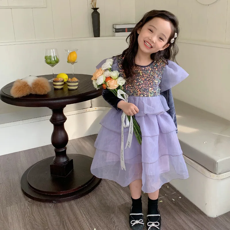 

Платье для девочек, Осеннее детское бархатное платье с прострочкой, корейское газовое платье принцессы
