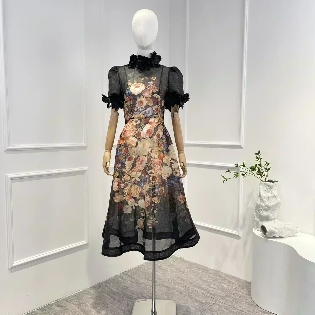 

2023 New Silk Linen High Quality Spring Summer Appiques Vintage Floral Printing Short Sleeve Woman Midi Dress