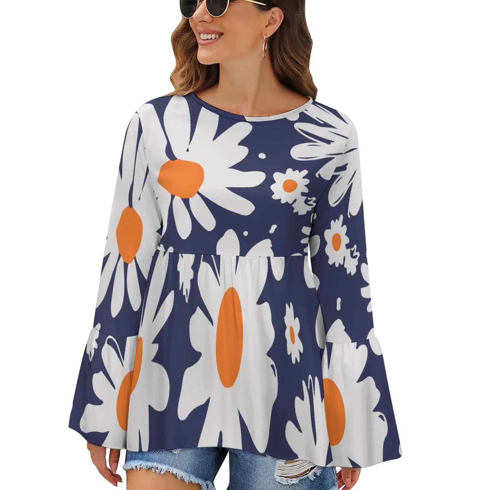 

Daisies White Blue T-Shirt Abstract Flowers Design Funny Long-Sleeve T-Shirts Korean Fashion Tshirt Oversized Print Tops Gift