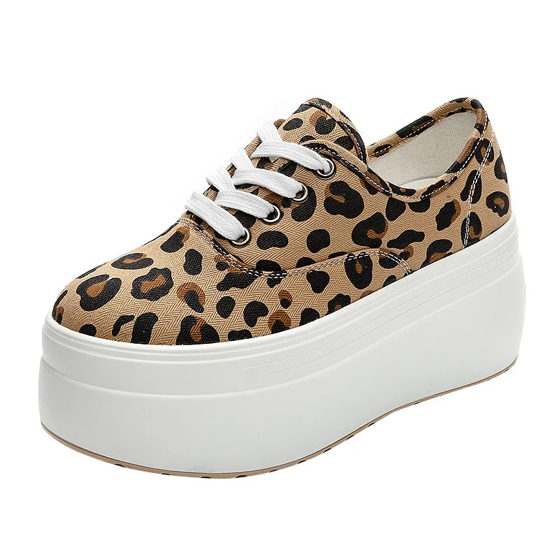

2022 Genuine Leather Women Shoes 8cm Platform Wedges Thick Heel Dad Shoes Chunky Sneakers for Women Spring Autumn Leopard