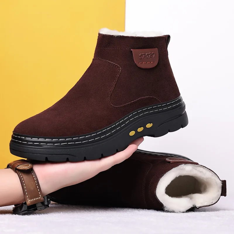 Boots Men's Shoes Leather Wool Fur Integrated Warm Casual High Top Boots Suede Men Shoes Bota Botte Homme Masculina Botas Hombre