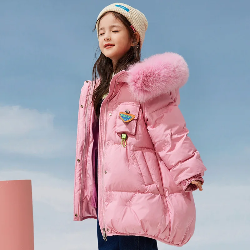 New fashion children's down jacket Girls pink fluorescent hooded warm  thick duck down coat Cold winter clothing Big fur collar enlarge