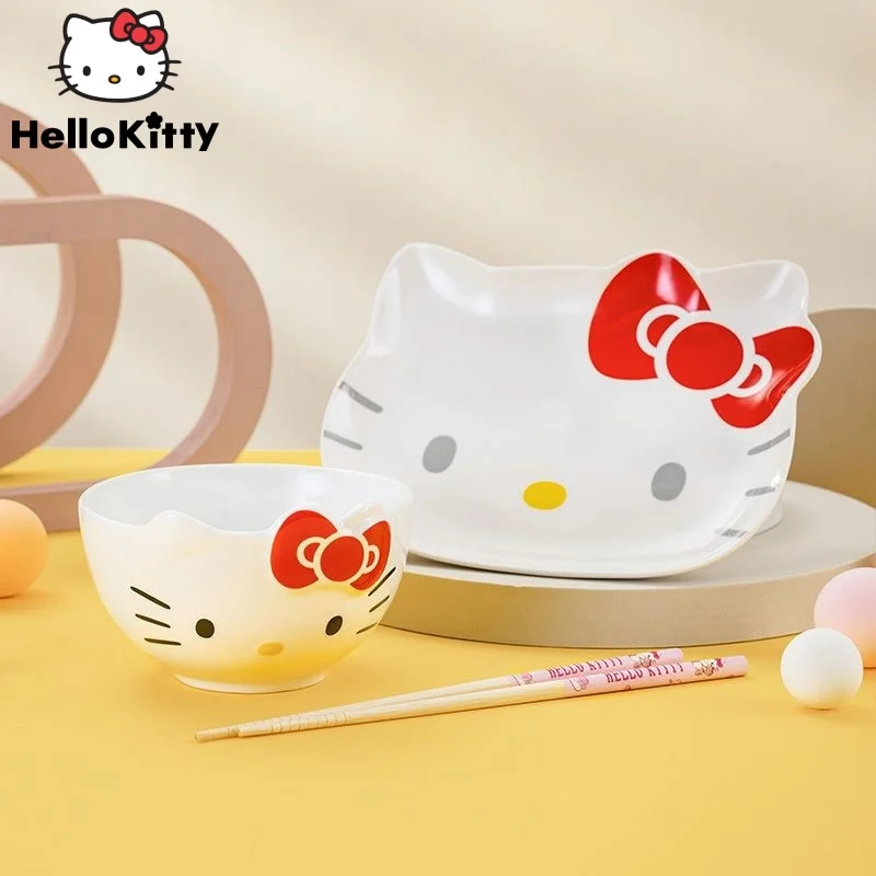 

Sanrio Anime Hello Kitty Ceramic Plate Ceramic Bowl Set Melody Kuromi Eating Bowl Kawaii Super Cute Personality High Value Ins