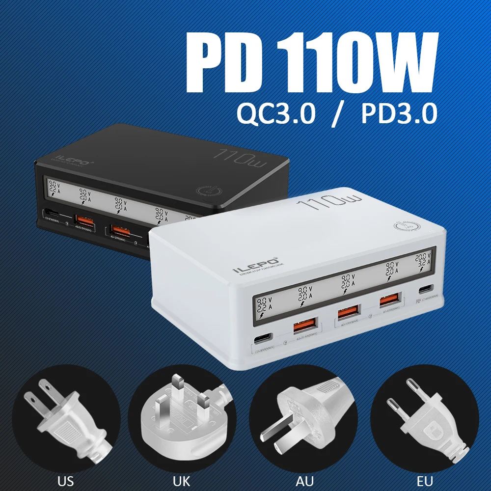 iLEPO 110W 5Port USB Charger PD USB C Super Fast Charger For iPhone 14 13 Pro Max Laptop Computer Samsung Xiaomi Screen Display