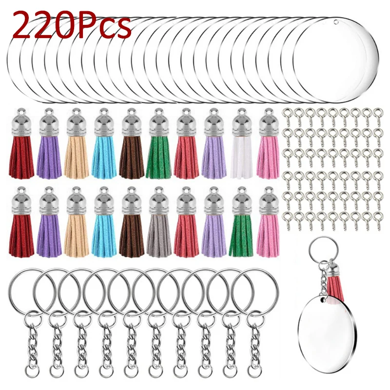 

220pcs Blank Round Acrylic Keychains Set Wholesale DIY Acrylic Key Chain Clear Circle Discs Leather Tassel Pendant Jump Ring