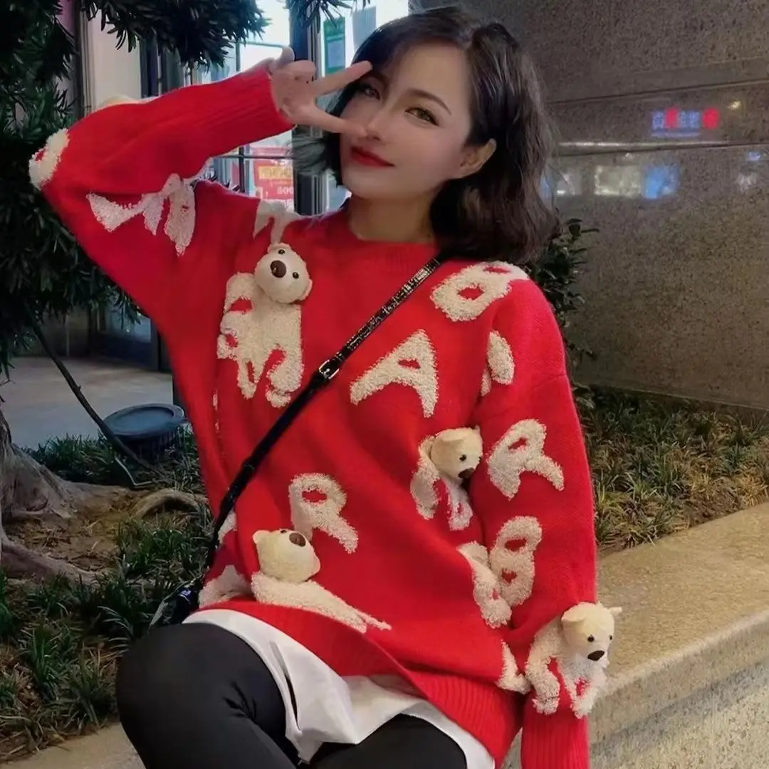 Осень-зима новая мода свитер с милым медведем женские повседневные свободные