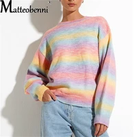 2022 autumn women new rainbow sweaters tie dye striped pullover o neck long sleeve loose casual jumpers candy color female tops