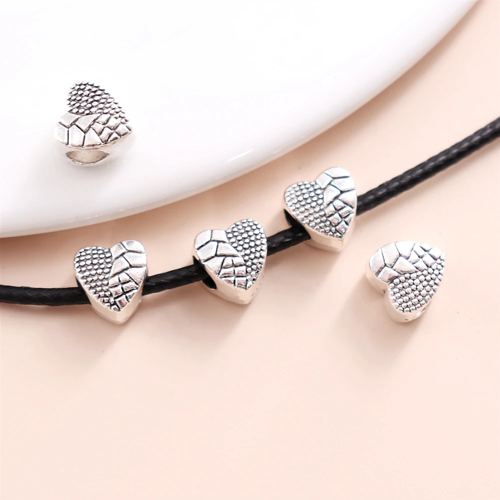 Wholesale Bulk 60PCS Vintage Silver Big Hole Beads Metal Heart Accessories for Women's Pandora Charm Bracelet Jewelry Making | Украшения