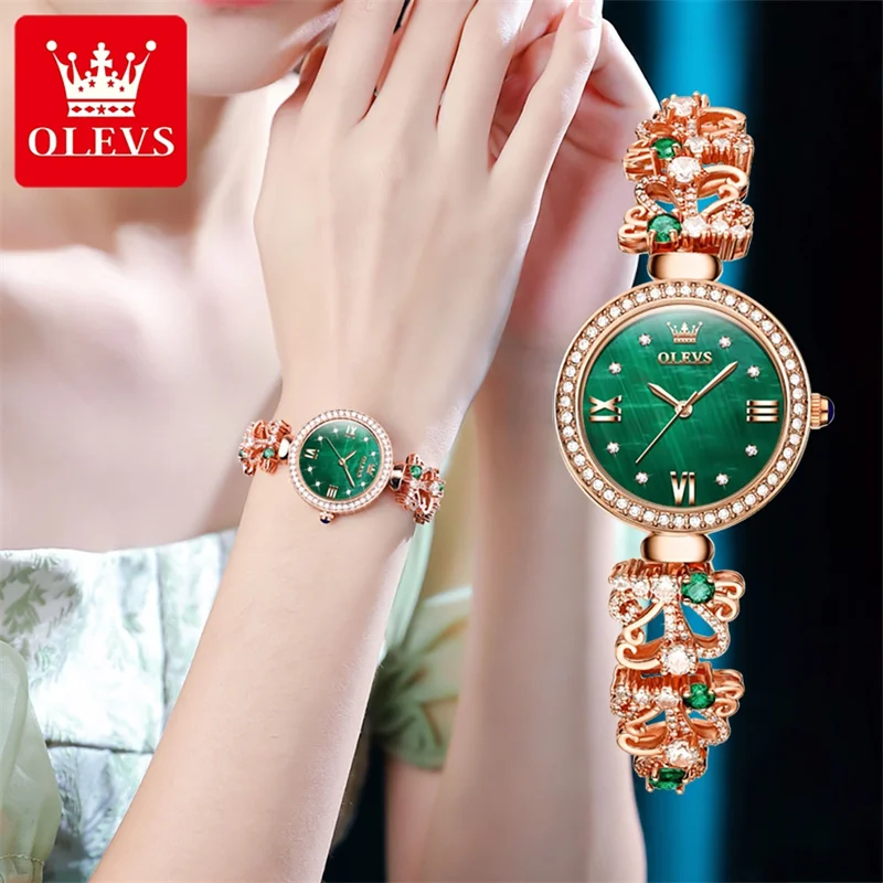 OLEVS New Women's Fashion Green Dial Quartz Watches Waterproof Elegant Rose Gold Stainless Steel Strap Ladies Bracelet Watch