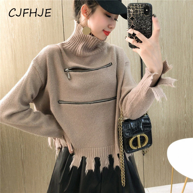 CJFHJE Укороченный свитер Y2K с высоким воротником женские вязаные пуловеры на