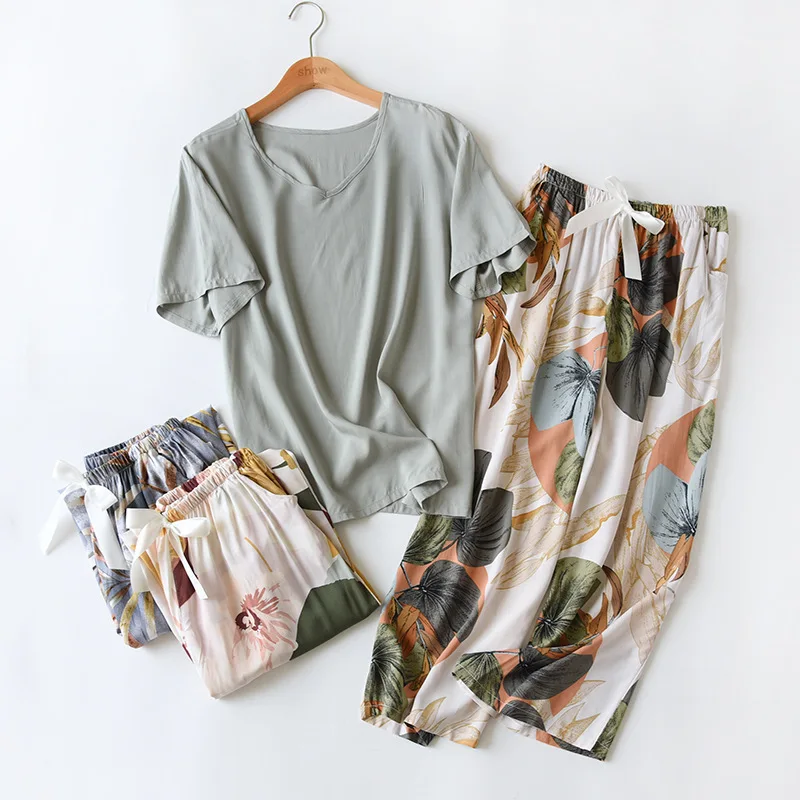 Fdfklak 2022 Summer New Loose Thin Wide Leg Floral Printed Short Sleeve+Pants 2Pcs Viscose Pajamas Set Ladies Sleepwear