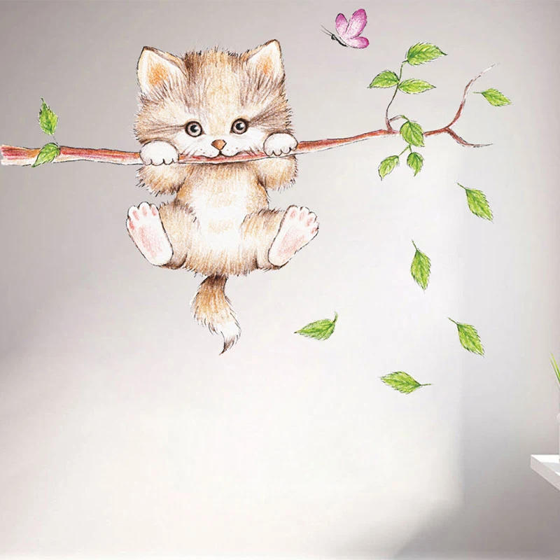 

cute cat butterfly tree branch wall stickers for kids rooms home decoration cartoon animal wall decals diy posters pvc mural art