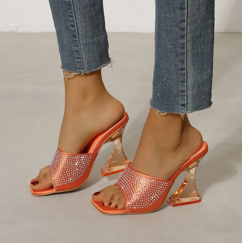 

Fashion Open Toe Crystal Heel Rhinestone Sandals Women High-Heeled Shoes 2022 Summer Sexy Female Outdoor Slippers Plus Size 42