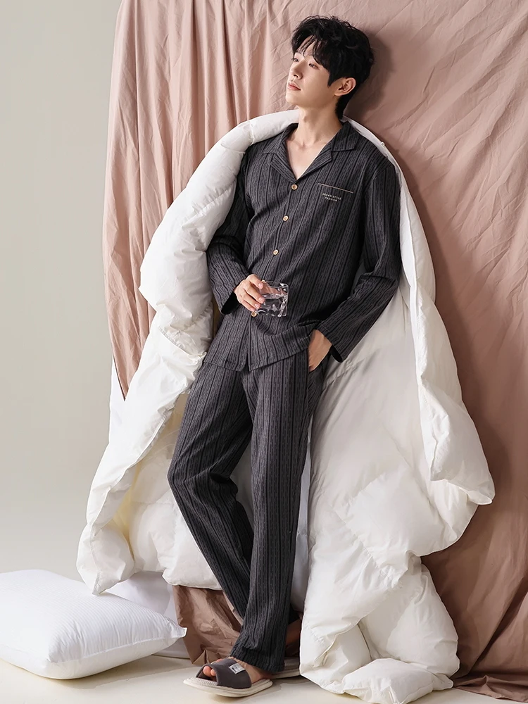 Finteng 2024 Spring and Autumn New Men's Cotton Pajamas Casual Cardigan Long sleeve Set Home Wear Can Be Worn outside