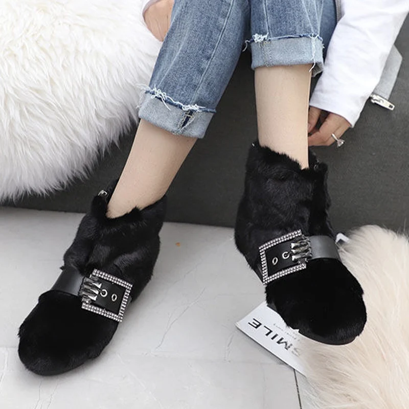 Женские зимние ботильоны на меху плоской подошве модные короткие плюшевые