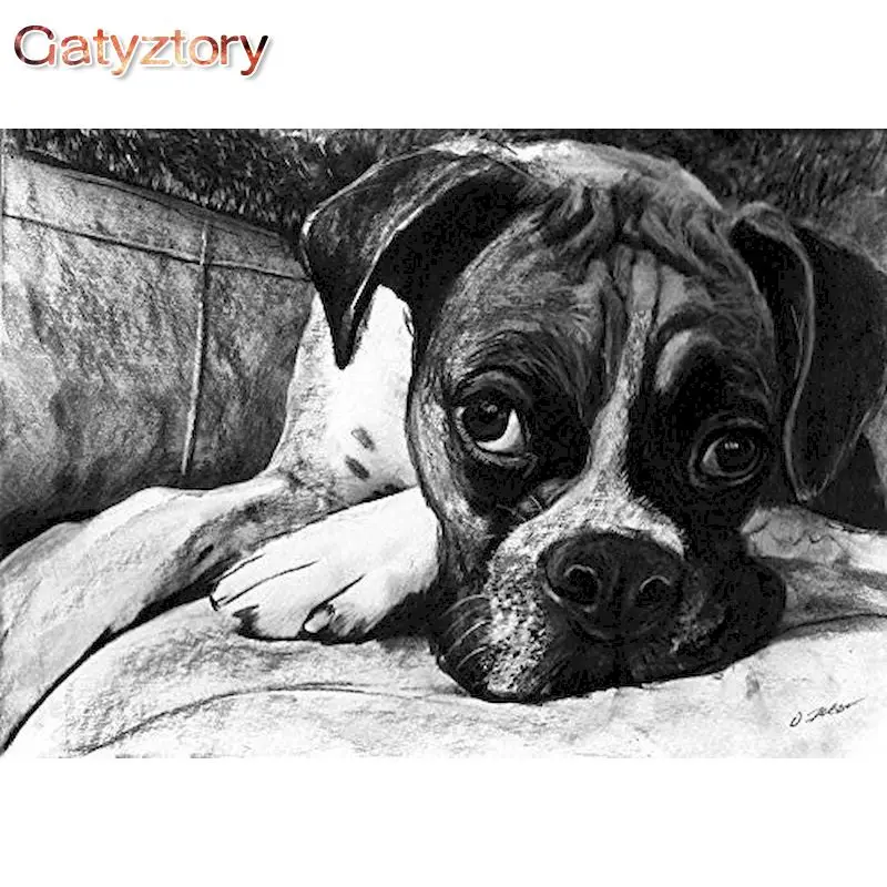 

GATYZTORY Oil Painting By Number Black White Dog Drawing On Canvas HandPainted Art Gift DIY Pictures Animal Kits Home Decoration