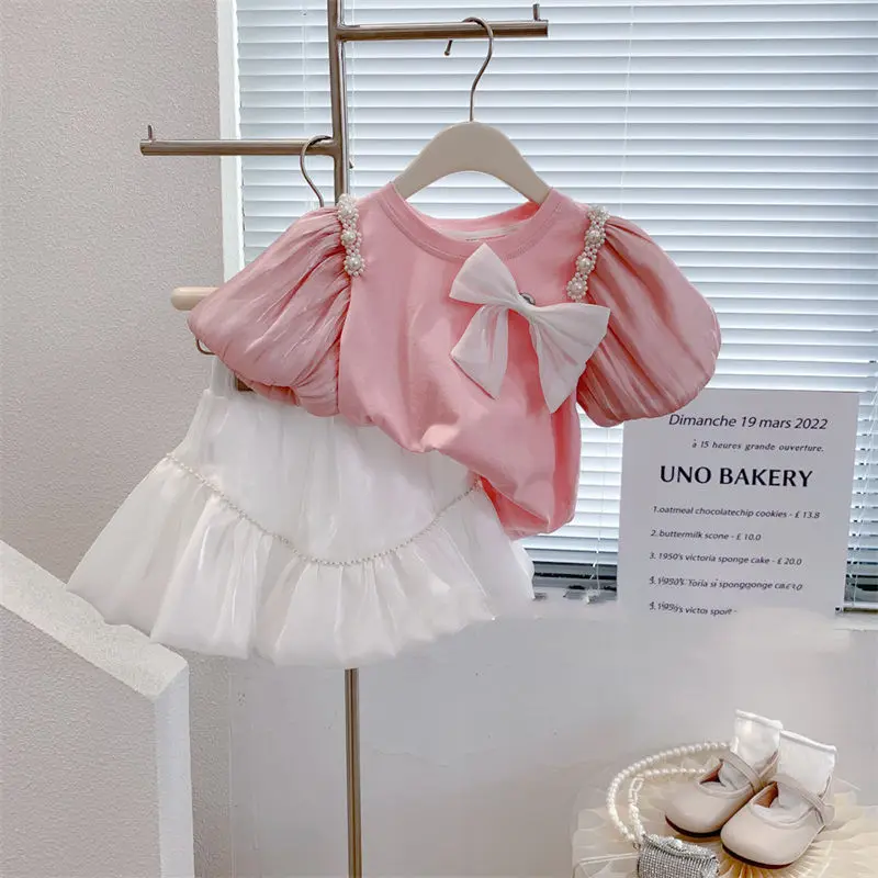 

Kids Girls Clothing Set Summer New Style Girls Baby Flowing Pearl Short Sleeve T-shirt Yarn Skirt Pants Two Piece Set