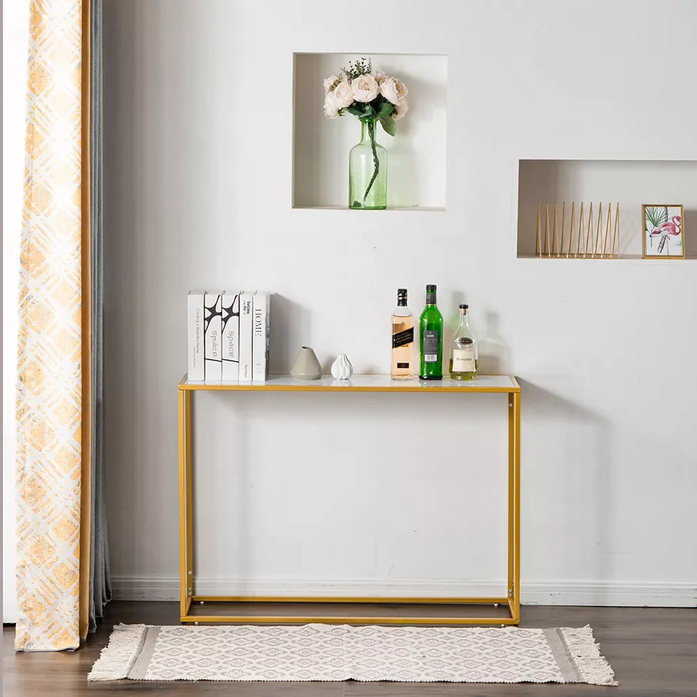 

2023 Gold Console Table for Living Room Porch Side Hall Modern Entryway Display Desk with Marble Surface and Iron Frame 106x28x7