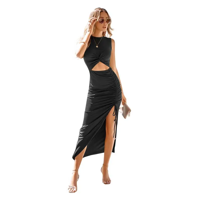 

Women's Casual Solid Color Round Neck Open Dress
