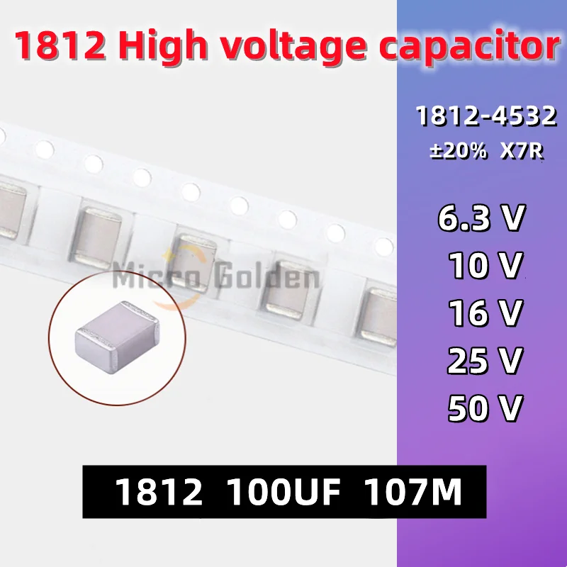 

(10pcs) 1812 SMD Ceramic Capacitor 1812 100UF 107M 6.3V/10V/16V/25V/50V 20% X7R 4532 High Voltage Non-polarity Capacitance MLCC