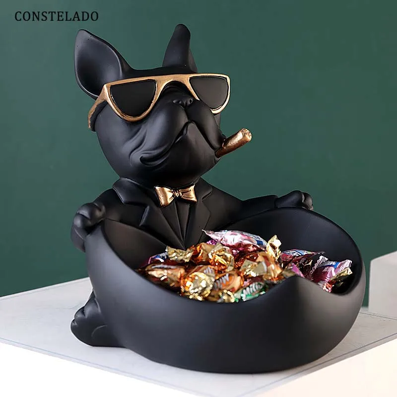 Resin Statue Cool Bulldog Butler With Storage Bowl Table Live Room Ornamental Sculpture Figurines Home Decoration Gift