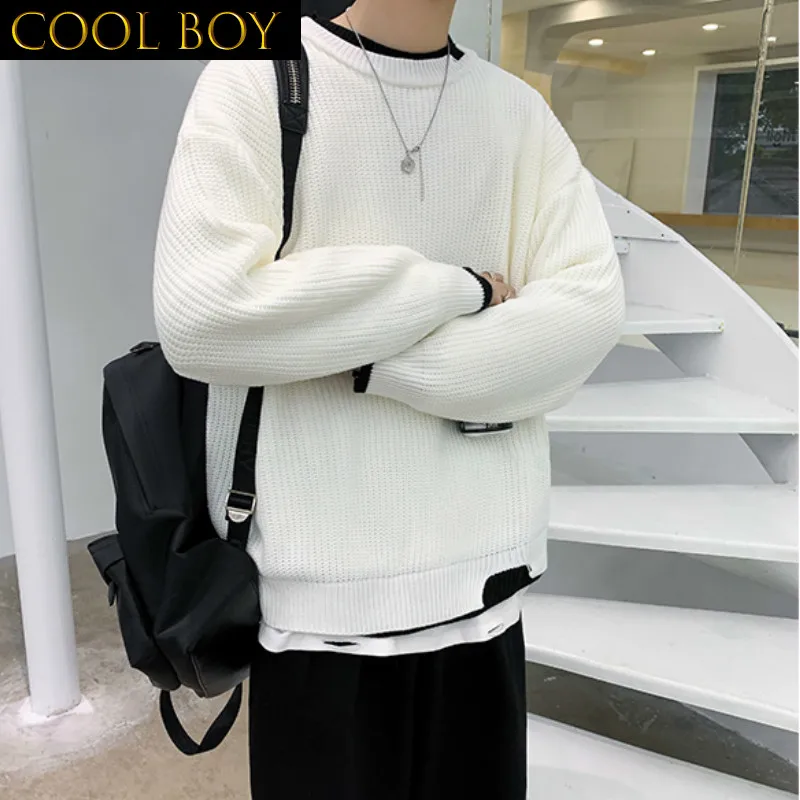 

J GIRLS Men Pullover Loose Oversize Fake 2-Piece Winter Warm Knitted Sweater Male Casual Fashion Spliced Cozy Streetwear Clothes