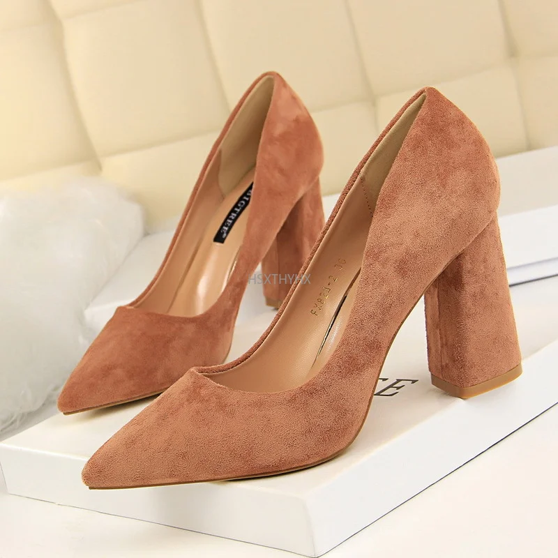 Fashion Shoes Thick Heel Woman Pumps Suede Women Heels Office Shoes Pointed Toe High Heels Wedding Shoes Female Heel Shoes