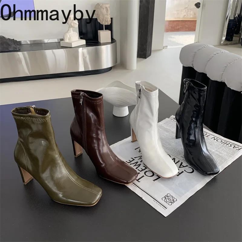 

2023 Autumn Winter Heel Women Ankle Boots Fashion Square Toe Ladies High Quality Leather Boots Back Zippers Short Boot Shoes