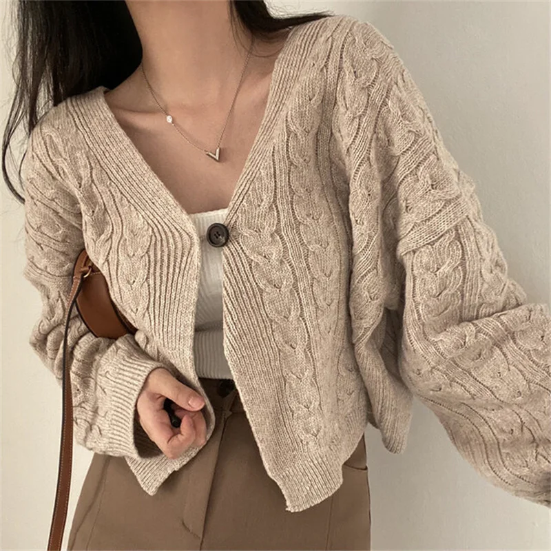 

Korean Fall Winter Retro V-neck Twist Pattern Long-sleeved Sweater Coat Women Warm Short Knit Cardigan Loose Solid Color Sweater