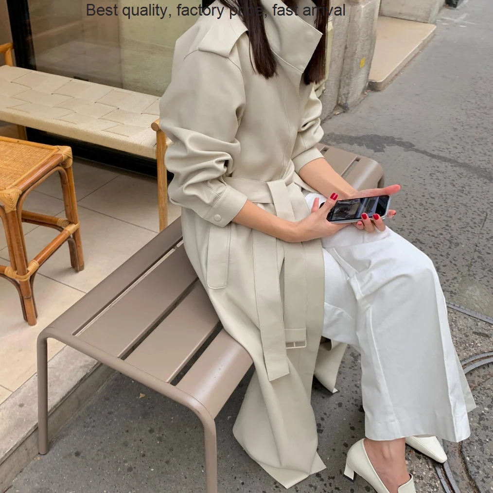 High quality luxury brand Autumn 22 New Leather Clothes Women's Fashion Korean Style Casual Lace up Long Coat