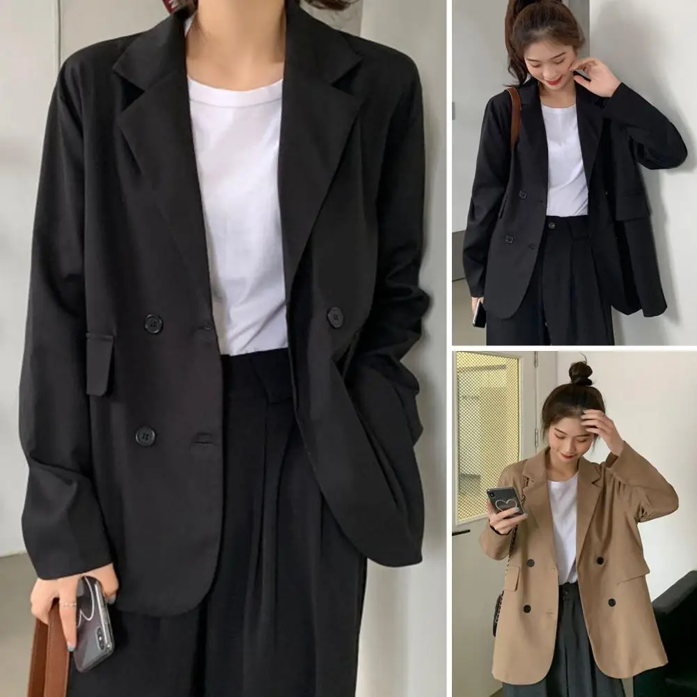 

Женский офисный блейзер с карманами, однотонный двубортный свободный пиджак с отложным воротником, верхняя одежда на весну-осень