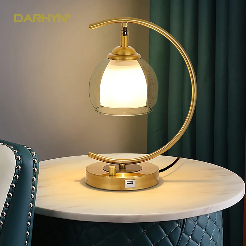 

Modern LED Table Lamps Gold Galss Lights Bedside Reading Desk Lamp With Switch USB Fixture Bedroom Hotel Home Decoration Lustres