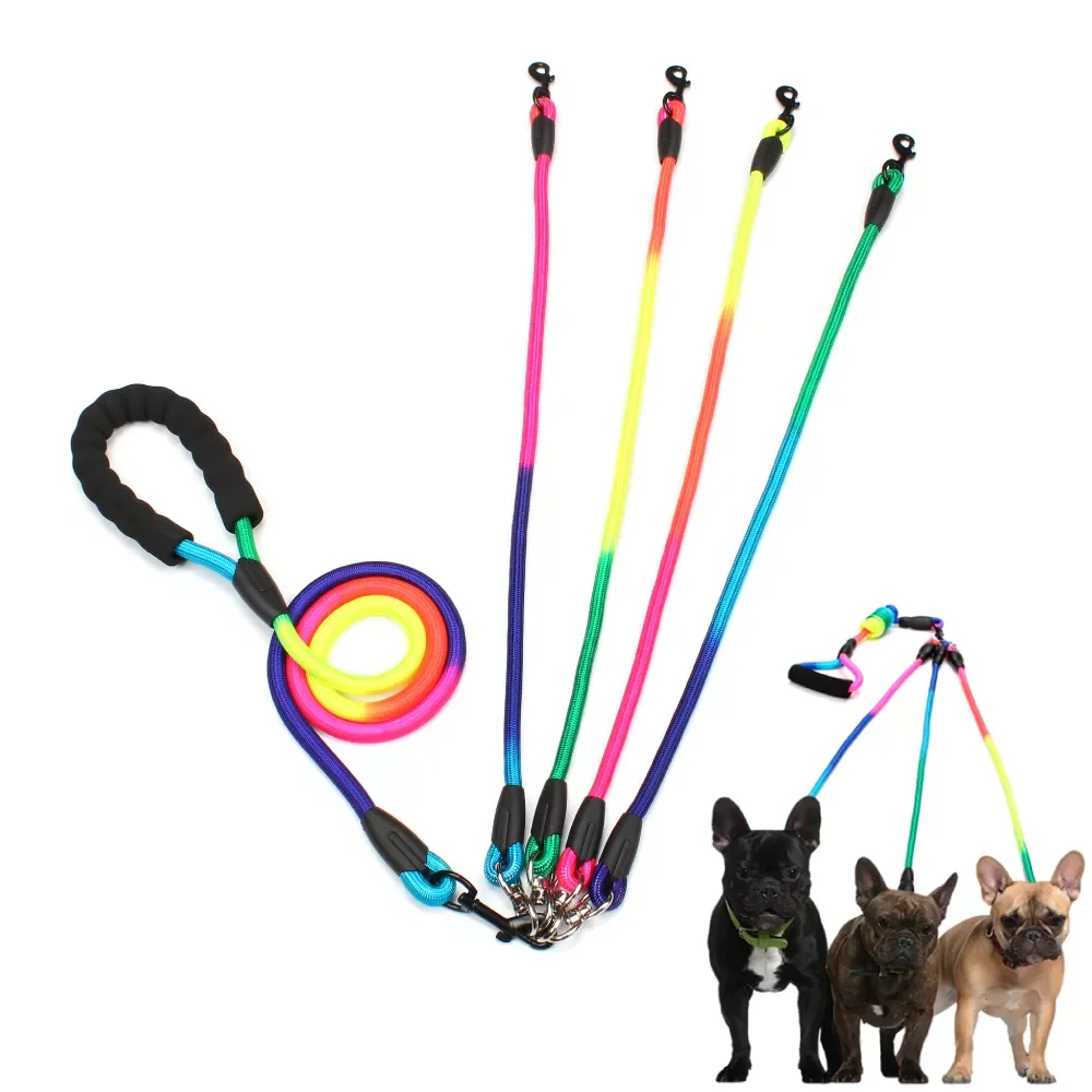

New Rainbow Multi Dogs Leash Nylon Detachable Pet Lead Foam Handle 1 Leash for 2 or 3 or 4 Dogs Round Traction Rope Dog Supplies