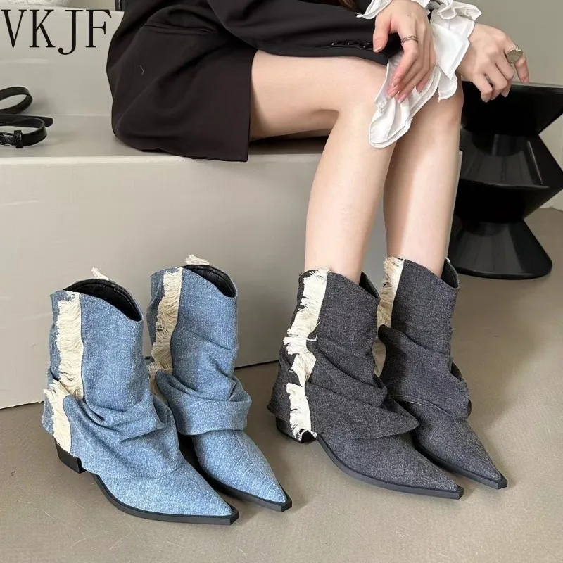 

Fashion Women Chelsea Shoes Cowboy Ankle Boots 2023 New Autumn Winter Mid Heel Booties Casual Pumps Chunky Motorcycle Botas Muje