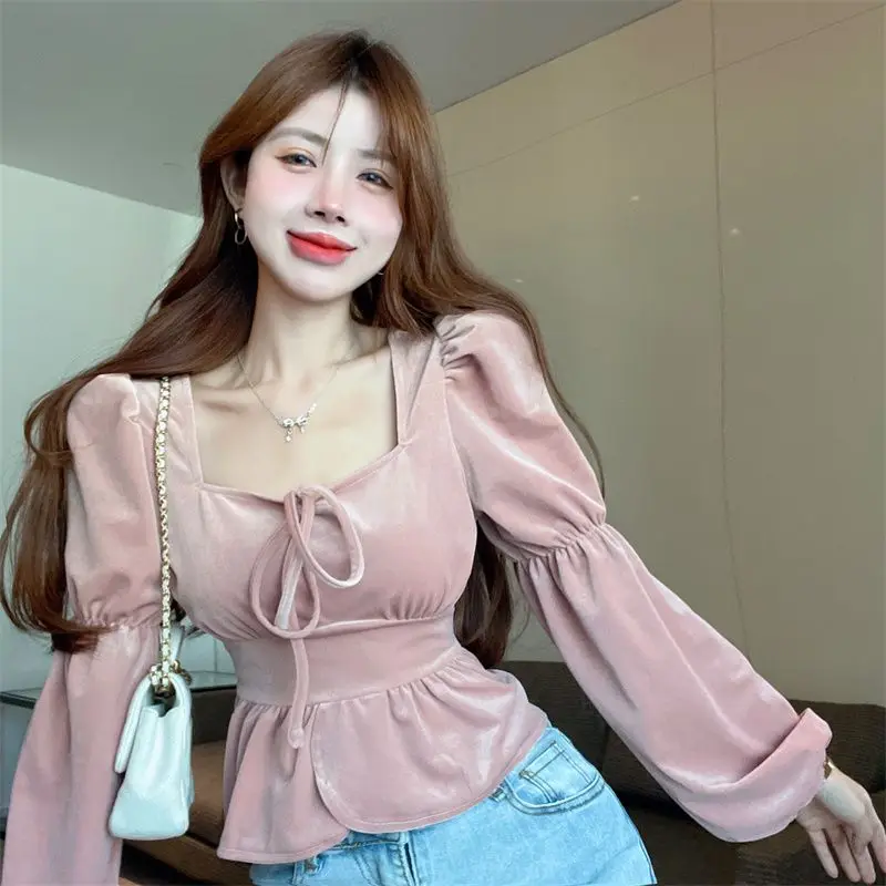 

Velvet Square Neck Puff Sleeve Long Sleeve Shirt Waist Cropped Top