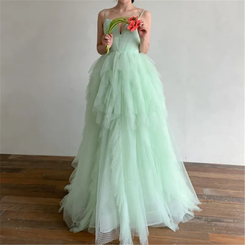 

AsaNagi мятно-зеленое Тюлевое платье для выпускного вечера, винтажное женское платье на бретелях-спагетти, длинное вечернее платье 2023