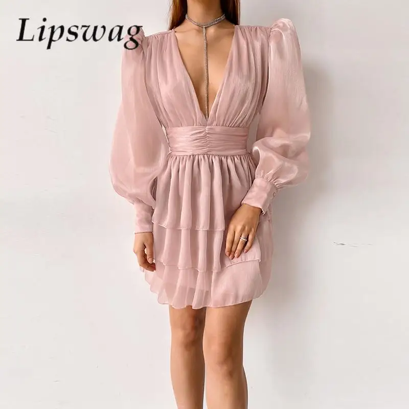 

Элегантные однотонные сетчатые мини-платья с оборками, модное женское Прозрачное платье с длинным рукавом, повседневное сексуальное платье принцессы с V-образным вырезом