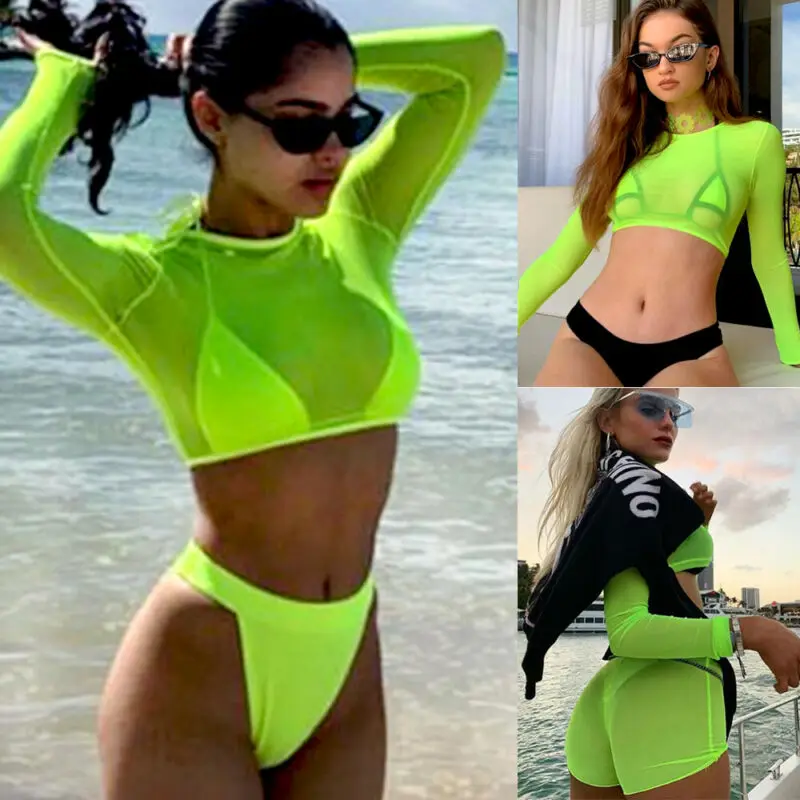 

Women Beach Cover-Ups Sexy Solid Color O Neck Fishnet Mesh See Through Long Sleeves Top Swimsuit Beachwear Ropa mujer Clothes