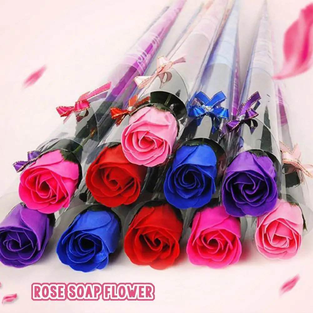 

Single Stem Artificial Rose With Plastic Packaging Bouquet Party Soap Day Valentine's Rose Flowers Made Gifts Festival Wedd R4q7