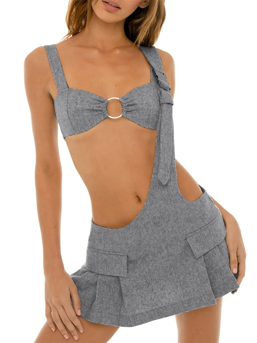 

Женский летний комплект из 2 предметов, майка с вырезом-кольцом и юбка мини на одно плечо, уличная одежда