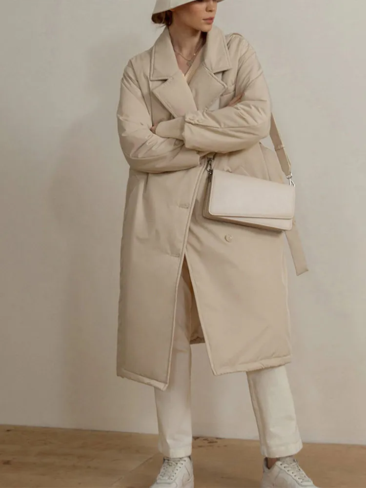 

Women Thicken Waist Lace-up Long Parkas Female Pockets Turn Down Collar Solid Coat Winter Slim Casual Warm Windproof Outwear