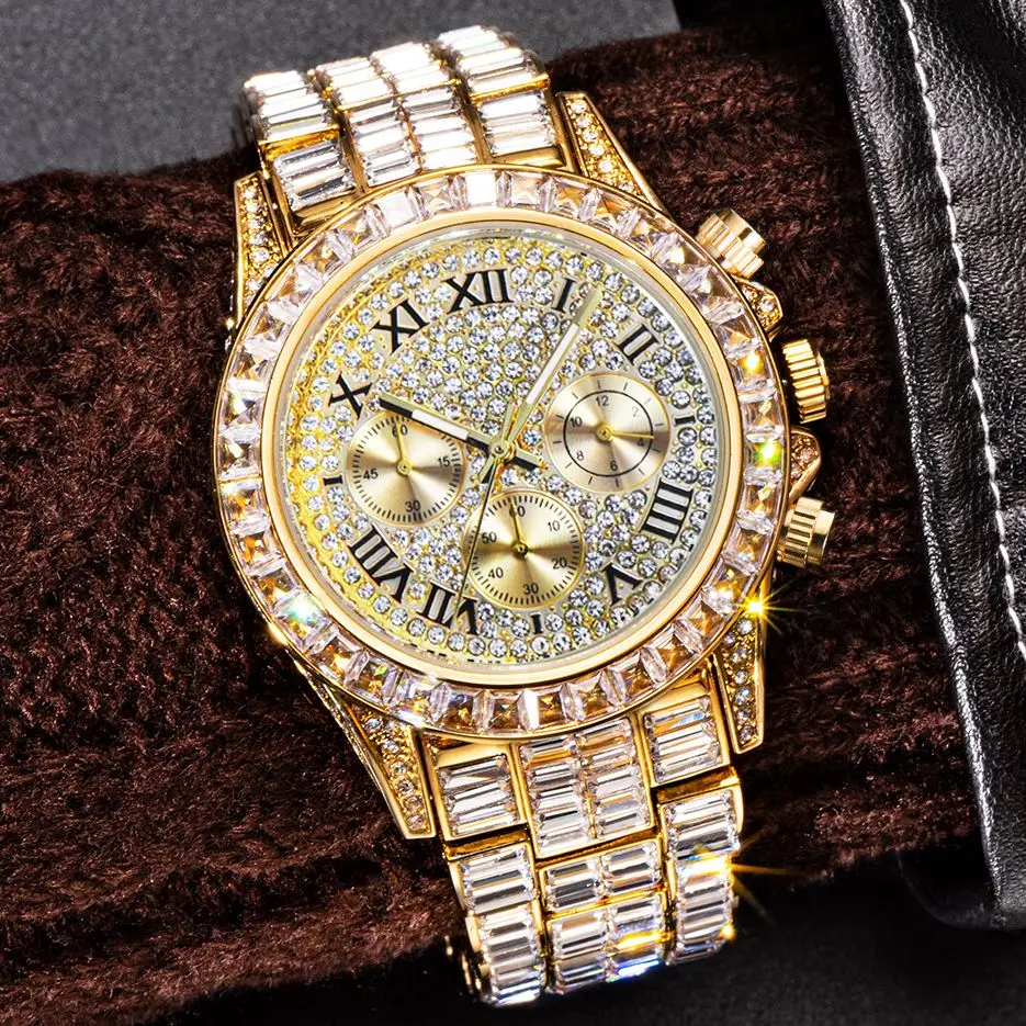 New Diamond Watches For Men Quartz Classic Waterproof Chronograph Watch Luminous Luxury Brand Hip Hop Stainless Steel Male Watch