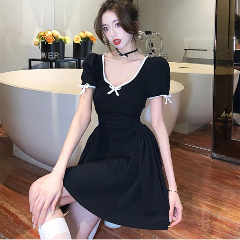 

Black Deep V-neck Bow Contrasting Color Dress For Women 2023 Spicy Girls Back Hollowed Out Puff Sleeve Y2k Mini Dresses Vestidos