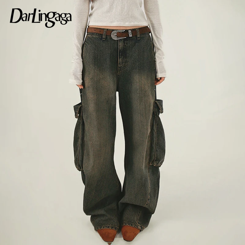 

Darlingaga Vintage Harajuku Low Rise Bagg Jeans Women Grunge Fairycore Big Pockets Denim Trousers Distressed Cargo Pants Outfits