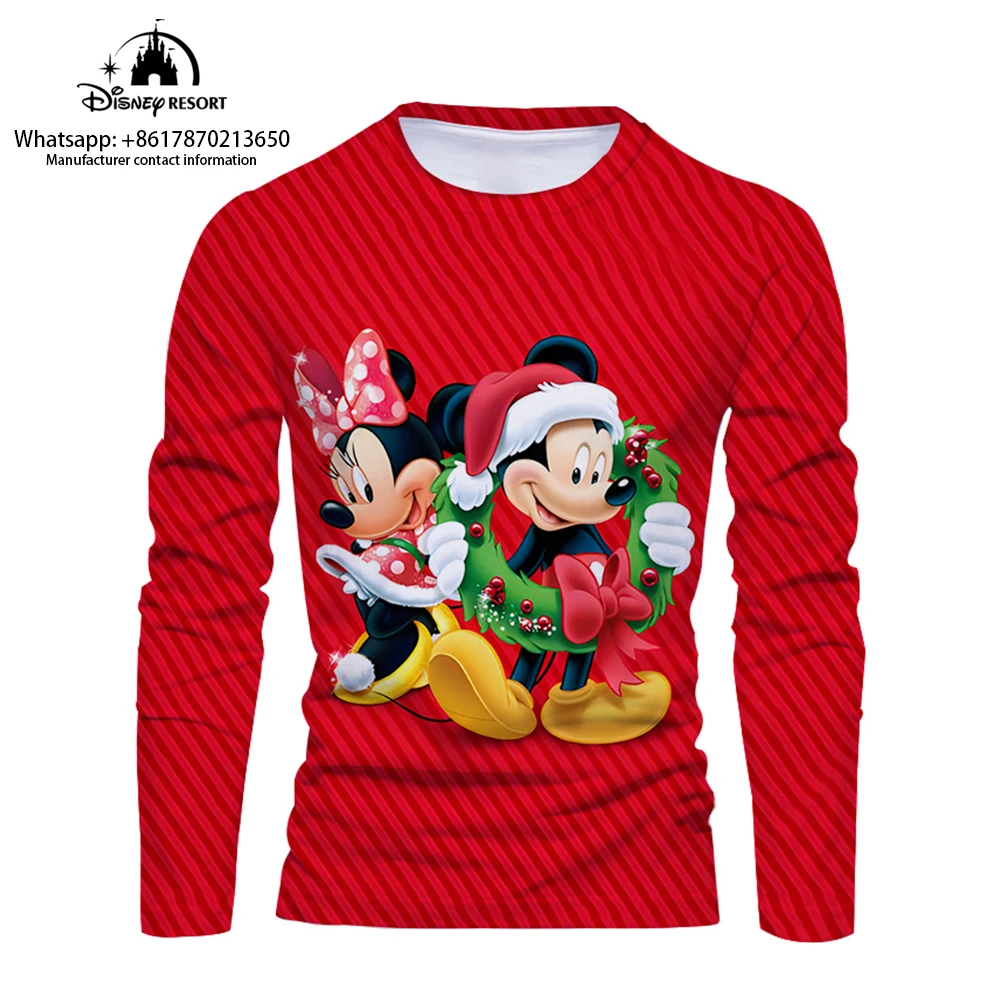 2022 Streetwear Christmas Autumn New Mickey Minnie Anime Disney Brand Fashion Casual Trend Men's Round Neck Long Sleeve T-Shirt