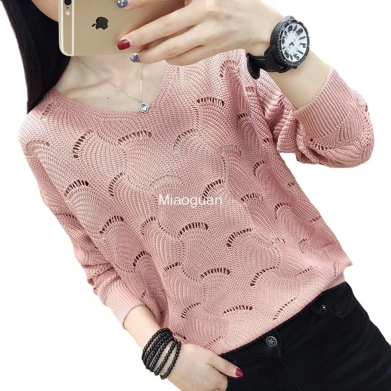 Женский трикотажный свитер с V-образным вырезом однотонный Повседневный