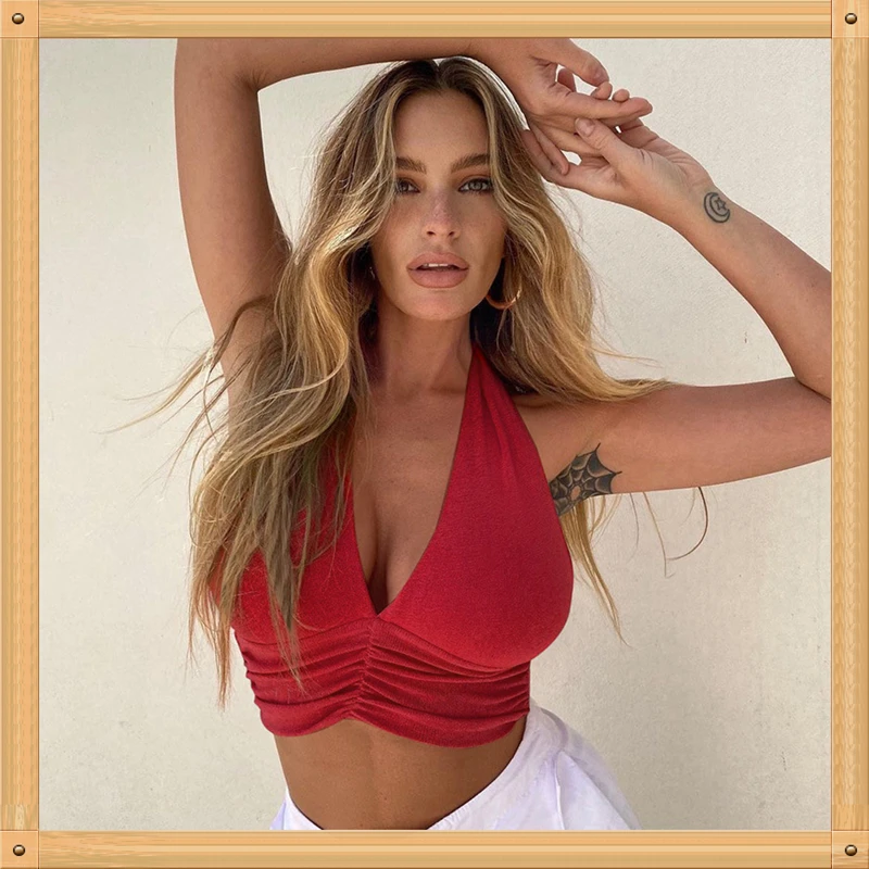 

New style V Neck Bandage Women Crop Top Backless 2021 Ruched Summer Green Sexy Shirts Black Party Halter Neck Casual Tank Tops