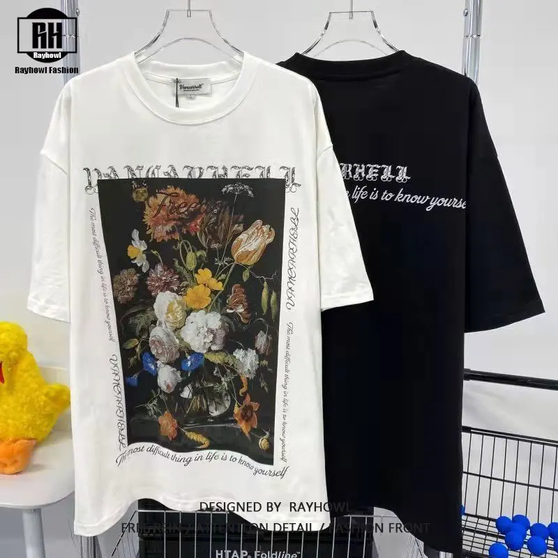 

Rayhowl Rayhowl 100% Cotton Oil Painting Flower Print Short-Sleeve T-shirt Men's Tops Loose High Street Hip-Hop Street Style Tee