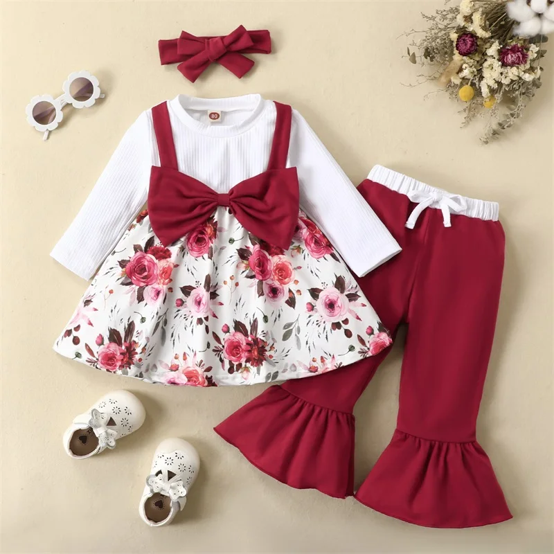 

Toddler Girls 3Pcs Spring Fall Outfits, Long/Short Sleeve Patchwork Tops + Flared Pants + Headband Set, 6Months-3Years